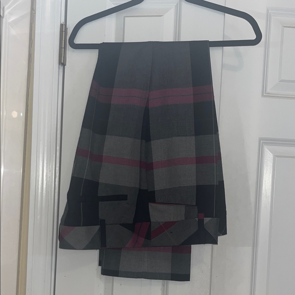 Plaid slacks with Black and grey and pink Stripes